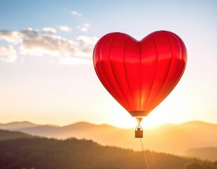 Fototapeta premium Red heart shaped hot air balloon flying over landscape