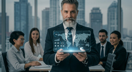 Businessman holding digital tablet with world map interface in front of a diverse team meeting
