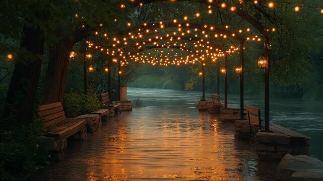 A serene riverside pathway transforms into a magical retreat at dusk, with glimmering lights adorning the archway and reflections dancing on the waters surface. Relax and enjoy tranquility.