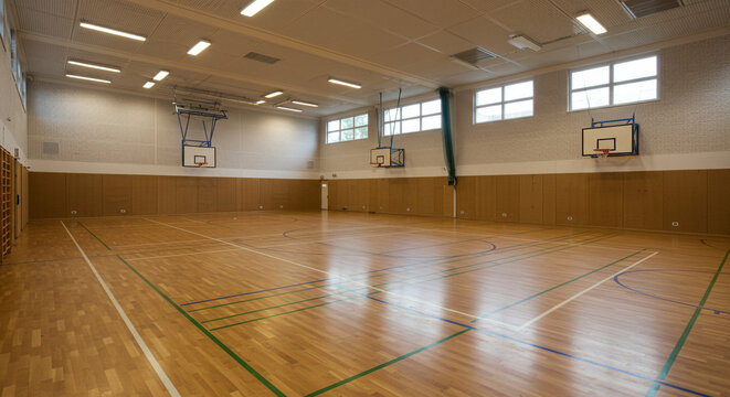 A view of an empty gymnasium with wooden floors, basketball hoops, and natural light from the windows - Powered by Adobe