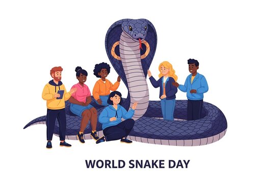 Cartoon of a person taking a photo with a cobra, friendship between snake and human on a clean white background for campaign, poster, banner to commemorate international snake day