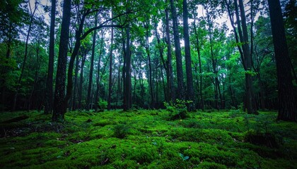 Obraz premium Bioluminescent Digital Forest with Neon Moss and LED Leaves