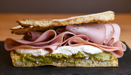 focaccia sandwich with mortadella, burrata and pesto