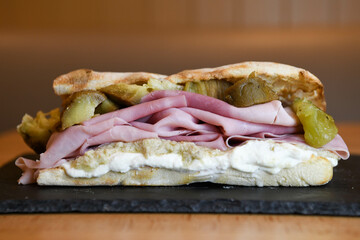 Italian mortadella ciabatta, burrata and pickles