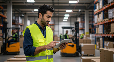 Man in safety vest using tablet in warehouse with forklifts and stacked boxes on shelves visible