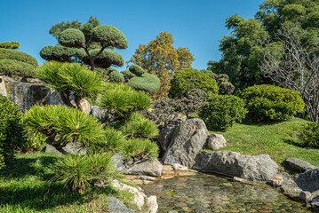A rock garden with a waterfall and a pond