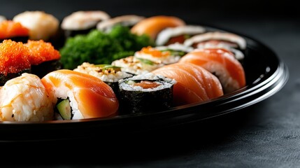 A beautifully arranged platter of assorted sushi, showcasing vibrant colors and textures featuring sashimi, nigiri, and rolls, perfect for sushi lovers and food enthusiasts.