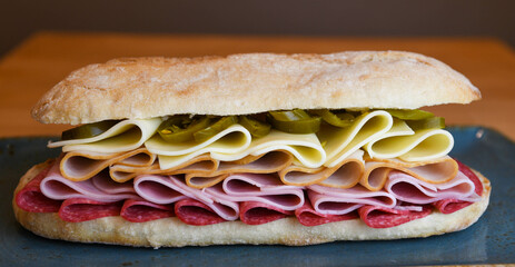 Sandwich with salami, ham, turkey, cheese and pickles on a plate