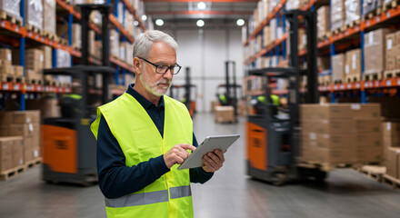 Man in warehouse using tablet with forklifts and shelves of boxes in the background for inventory check