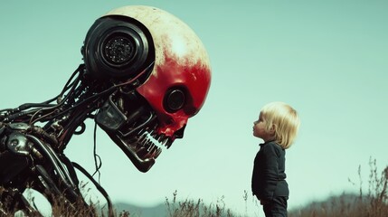 This striking image captures the unique encounter between a futuristic robot with a skull face and a curious child, contrasting innocence and advanced technology in a serene setting.