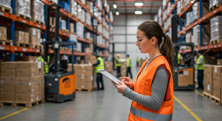 Woman using tablet in a warehouse with forklifts and shelves filled with boxes in the background