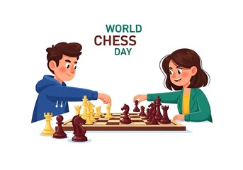 Cartoon of children playing chess, for posters, banners and advertisements. World chess day celebration.