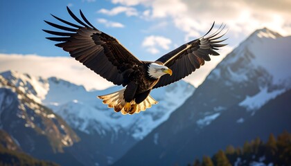 Obraz premium Bald Eagle Soaring with Mountain Range.
