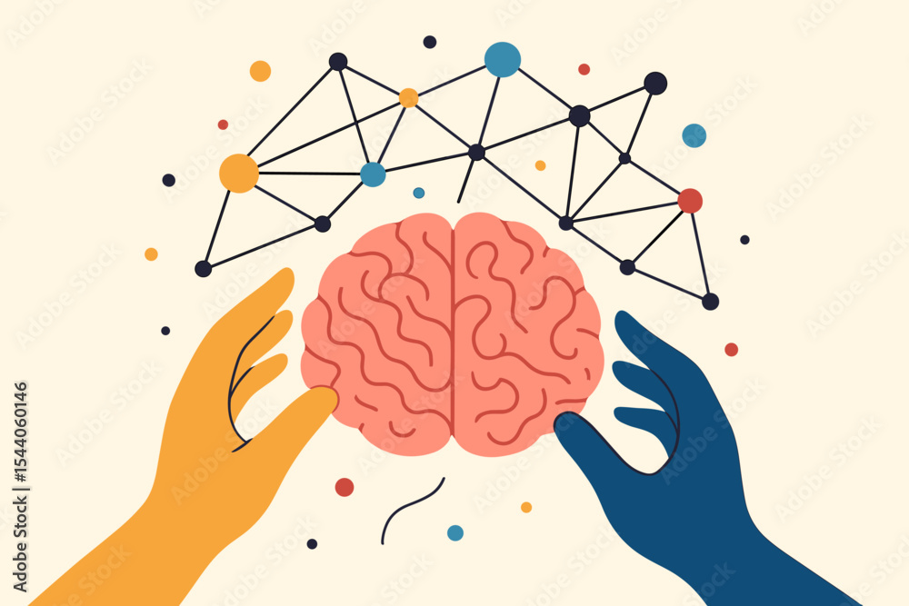 Poster abstract human hands touching brain with complex neural network connection. concept of artificial in