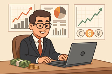 Financial analyst working on laptop, analyzing data charts and currency exchange rates. Cartoon vector concept of banking, stock market investment, business success, and profit growth.
