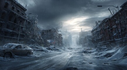 Post-Apocalyptic Winter Cityscape Ruined Buildings and Abandoned Car Under a Gloomy Sky
