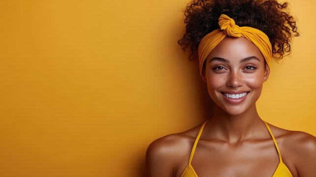 This joyful woman showcases natural beauty and confidence against a warm yellow background, highlighting both her vibrant expression and the simplicity of her surroundings. - Powered by Adobe