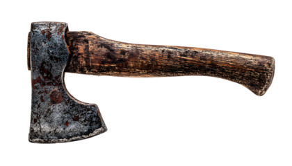 Old rust dirty dark gray axe with brown wooden handle isolated on white background with clipping path in png format