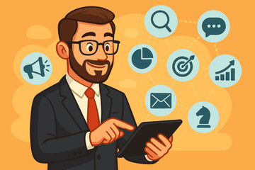 Digital marketing concept with businessman using tablet. Manager planning business strategy and growth. Icons for SEO, data analysis, email campaign, advertising, and social media.