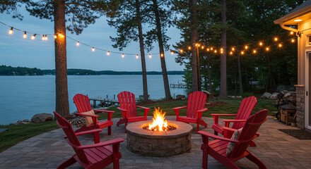Red adirondack chairs around a fire pit by a lake with string lights at dusk creating a cozy scene