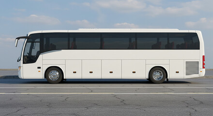 A side view of a white coach bus parked on a gray asphalt road under a cloudy blue sky on a sunny day