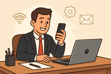 Businessman cartoon character at office desk using smartphone and laptop. Concept of technology in business, workflow, communication, connectivity, and professional productivity.