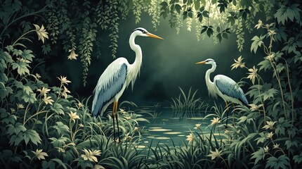 Two herons in a lush, shadowy woodland pool