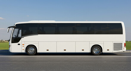 A side view of a long white bus with tinted windows parked on an asphalt road under a clear blue sky