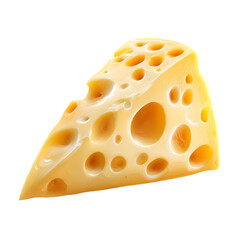 A wedge of Swiss cheese isolated on transparent background showing its holes and texture