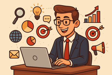 Businessman working on laptop developing digital marketing strategy. Business concept of SEO, data analysis, online promotion, and content management. Cartoon vector illustration.