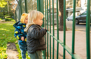 A young child is standing in front of a green fence