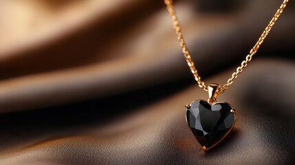 A stunning heart-shaped black gemstone pendant rests on smooth fabric, showcasing elegance and luxury, with soft lighting emphasizing its artistic allure and fine craftsmanship.