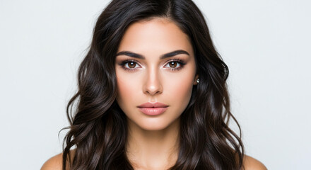 Close up portrait of a woman with dark hair and brown eyes against a plain white background looking forward