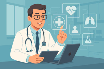 Medical professional with stethoscope using laptop and tablet, interacting with digital healthcare icons, modern hospital technology, telemedicine concept, vector cartoon illustration