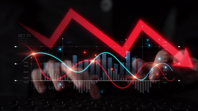 Economic caution visualized with fluctuating market graph, alert symbols, and negative data trends. Represents financial risk, market volatility, and economic uncertainty. Muxer