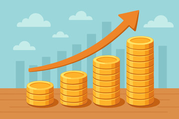 Financial growth chart with stacked gold coins, upward arrow, investment profit increase, savings accumulation, business success, economic development, wealth, revenue, market progress concept
