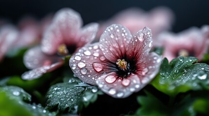 This stunning close-up captures pink flowers adorned with water droplets after rainfall, emphasizing nature's beauty and the freshness of springtime.