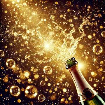 Champagne bottle explosion with golden sparkling bubbles and festive glitter light on dark celebration background