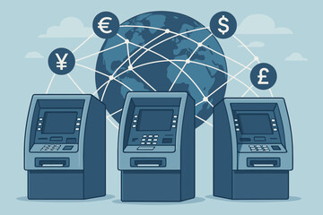Vector concept of global banking and finance. ATM machines connected to an international network for money transfer and currency exchange. Fintech online services illustration.