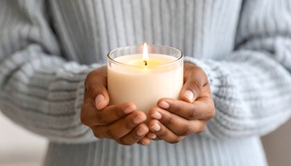 Hands holding lit candle with warmth.
