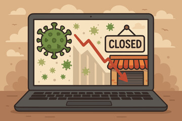Economic Crisis Pandemic Impact Vector – Laptop Displaying Virus, Downward Arrow Graph, Closed Storefront, COVID-19 Recession, Business Closure Financial Loss Concept Illustration