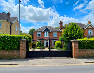 A house's exterior and gated driveway on a street in a city in England.