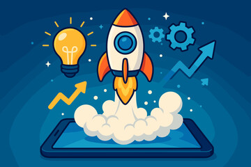 Digital rocket launch from tablet screen, innovation startup concept, creative idea bulb, progress growth, technology, cartoon vector, upward arrows, gears, business development, motivation