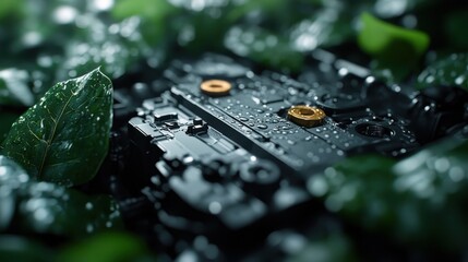 A close-up view of an engine part surrounded by fresh green leaves, representing the juxtaposition of technology and nature, highlighting innovation within an organic context.