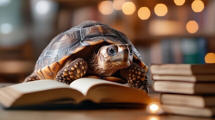 A tortoise leisurely rests on an open book, surrounded by a warm, inviting glow that captures both the creature’s curiosity and a love for literature.