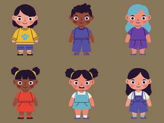Diverse children: Illustration of a diverse group of adorable children, showcasing unique personalities, in cheerful outfits, perfect for any project promoting inclusivity.
