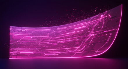 Glowing pink futuristic curved screen with circuit board design and particles on a dark background