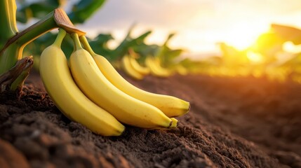 A cluster of ripe bananas rests on sunlit soil, capturing the essence of agriculture and nature's bounty in a serene farmer's landscape during golden hour.