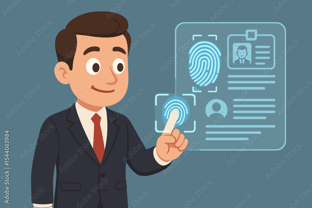 Poster businessman using fingerprint scan for secure access to personal data. biometric identification tech