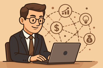 Businessman planning financial investment strategy on laptop. Cartoon vector of an executive analyzing data, market trends, and growth with network icons. Fintech concept illustration.
